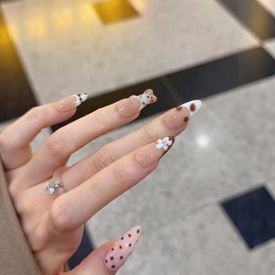Handmade Press On Nail French Cartoon Cute Hand-painted 3D Nude Cat Polka Point  Flowers Medium Almond Fake Nail Patch Artificial Nail Reusable