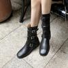 Fashion 2025 Autumn New Women's Shoes Split Leather Mid-calf Boots Square Toe Pull-on Mid Heel Belt Buckle Western Boots Modern Boots