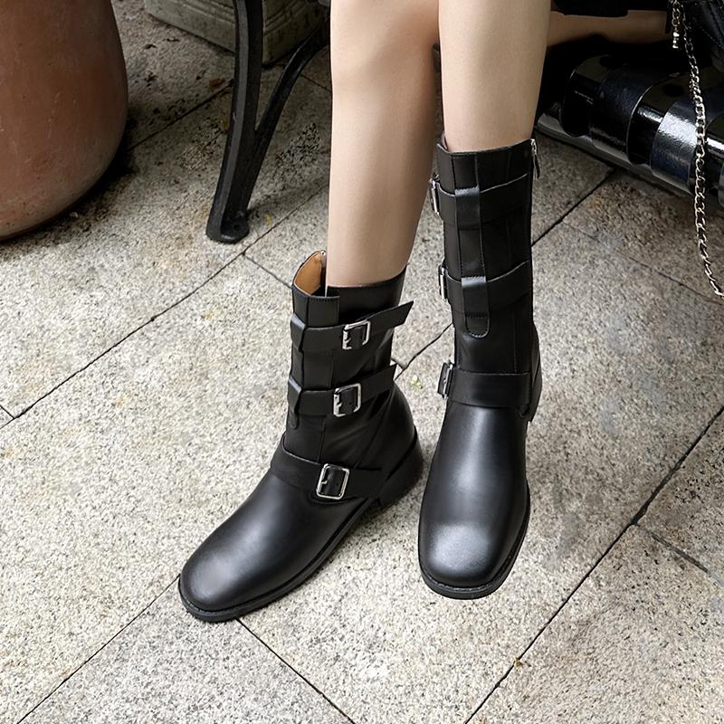 Fashion 2025 Autumn New Women's Shoes Split Leather Mid-calf Boots Square Toe Pull-on Mid Heel Belt Buckle Western Boots Modern Boots