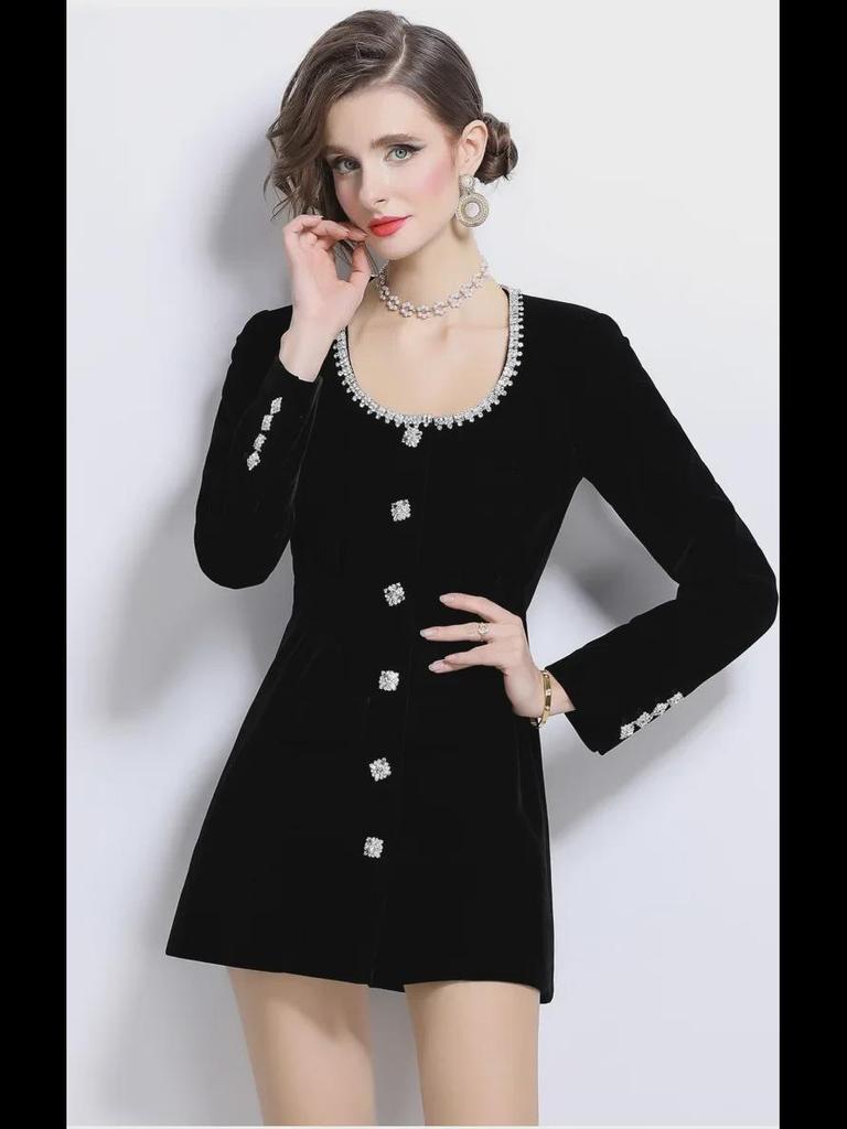 Elegant Velvet Dress with Red Rhinestone Accents