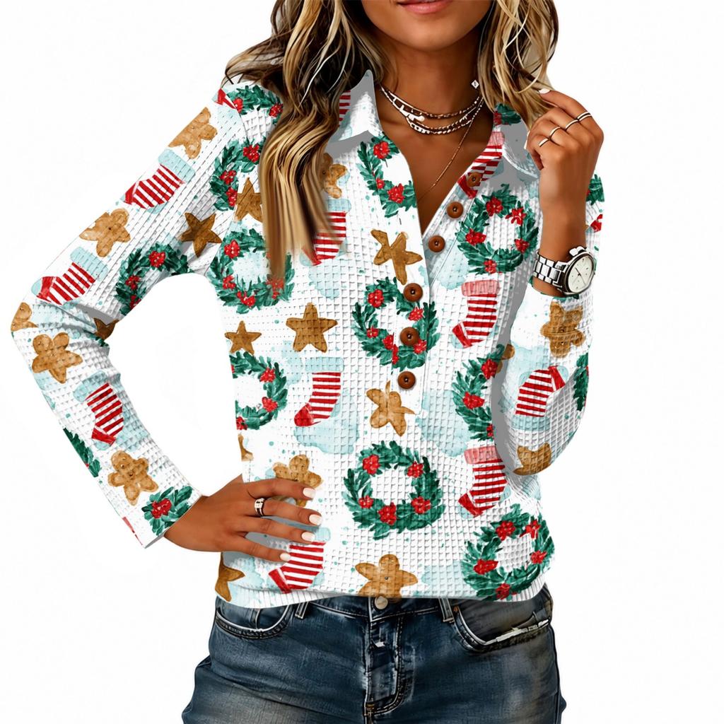 Damen Strickoberteil mit Weihnachtsdruck, Langarm, Lässige Feiertagsbluse für festliche Anlässe