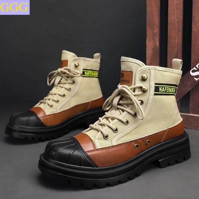 2025 Mens Boots Canvas New In Winter Casual Shoes Luxury Ankle Platform Hiking Safety Motorcycle Chelsea Tactical Cowboy Combat