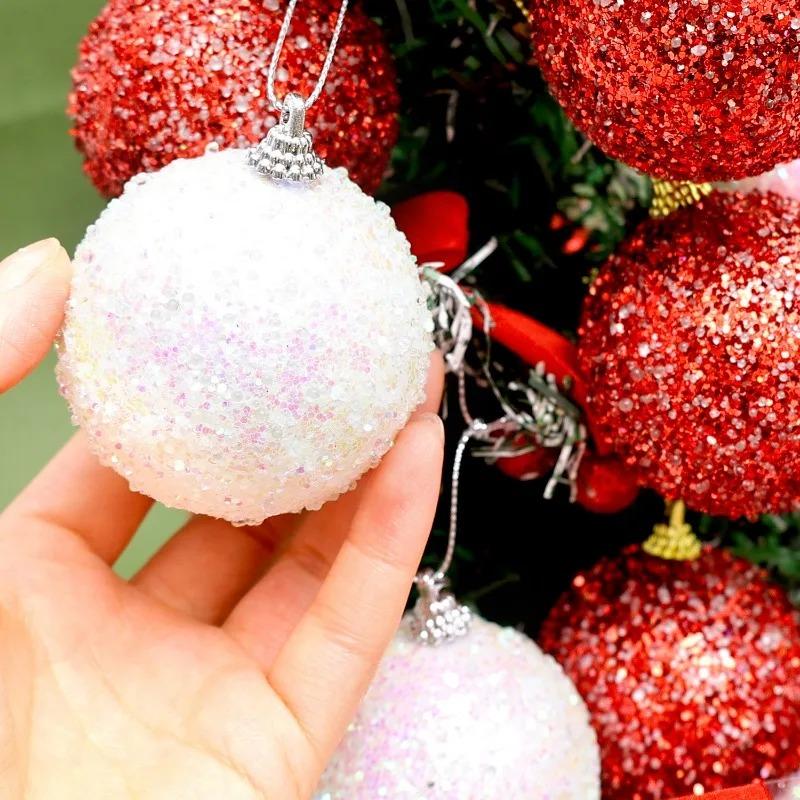 24/6x Glitter Christmas Balls Hanging Laser Powder Foam Ball Home Party New Year Xmas Sparkling Decor Bauble with Glass Beads