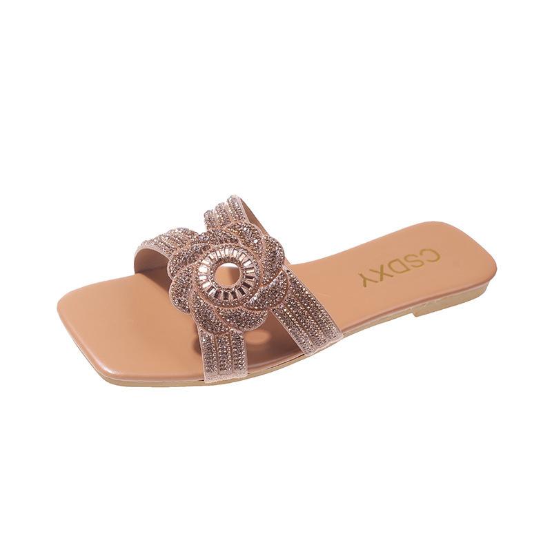 Women's 2024 New Cross-border Foreign Trade Large-size Women's Rhinestone Flat-bottomed Cool Slippers