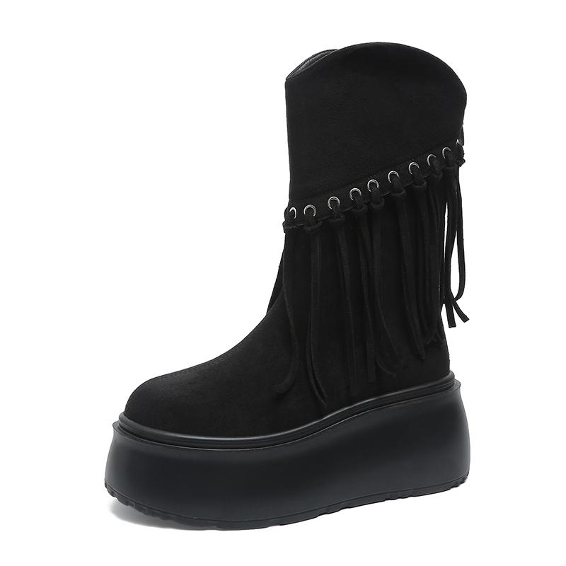 Fashion Tassel Boots Autumn New Round Toe Sleeve Platform Anti-Slip Wear-Resistant Short Shoe