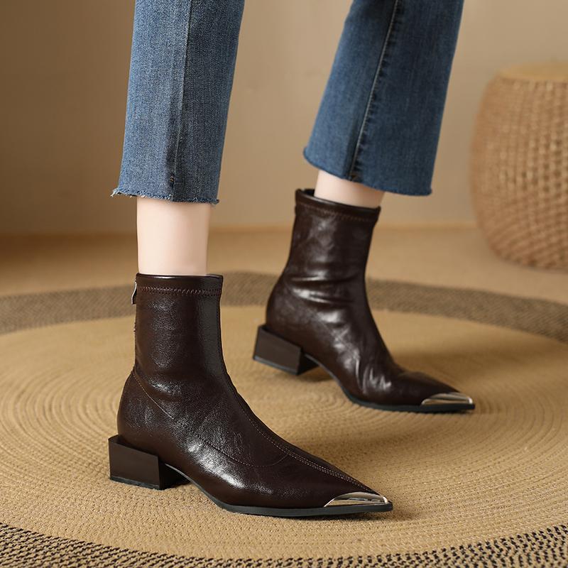 Vintage Thick Heels Women Short Plush Ankle Boots Autumn Winter Metal Pointed Toe Stripper Party Short Booties  De Mujer