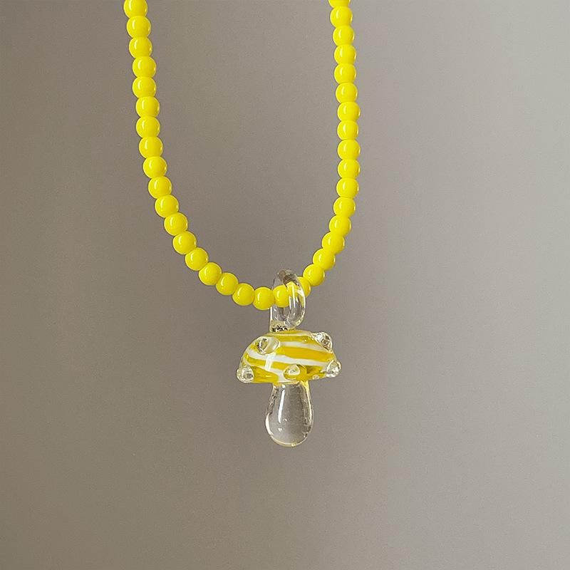 Glazed Beaded Resin Mushroom Pendant Necklace Simple Small Fresh Collarbone Chain Korean Ins Temperament Jewelry Women