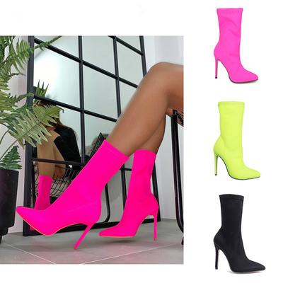 Moda 2024 Nuevas Botas de Tobillo para Mujer de Tejido Elástico Negro Punta Fina Tacón Alto Sin Cierre Sexy Tipo Calcetín Chelsea Estilo Francés Talla Grande 35- 43