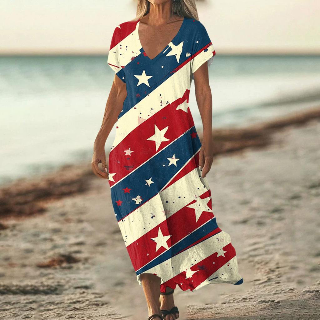 Women’s Maxi Dress V Neck Short Sleeve Loose Fit with Star and Stripe Printed Pattern for Casual Summer Wear