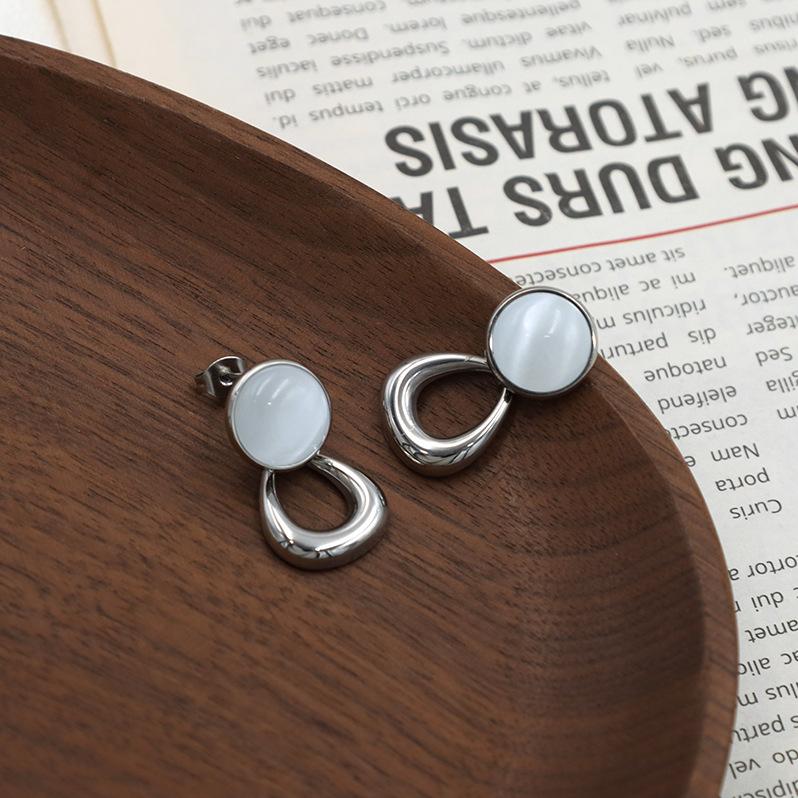 Guochao Retro Inlaid Circle Opal Stud Earrings Geometric Irregular Temperament Girls Versatile Jewelry