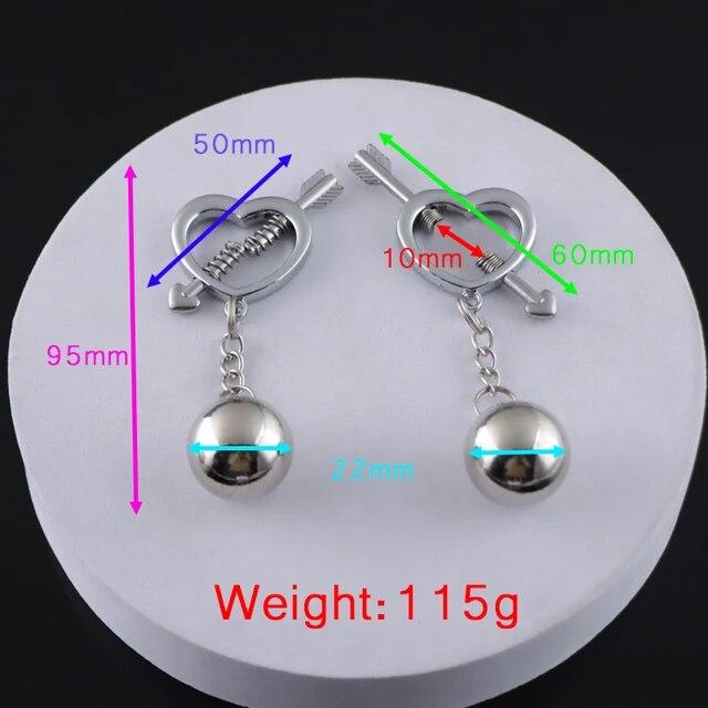 BDSM Women's Breast Clip Metal Heart-shaped Nipple Clamps With Gravity Ball Weight Pendant Breast Traction Stimulator Adult Toys