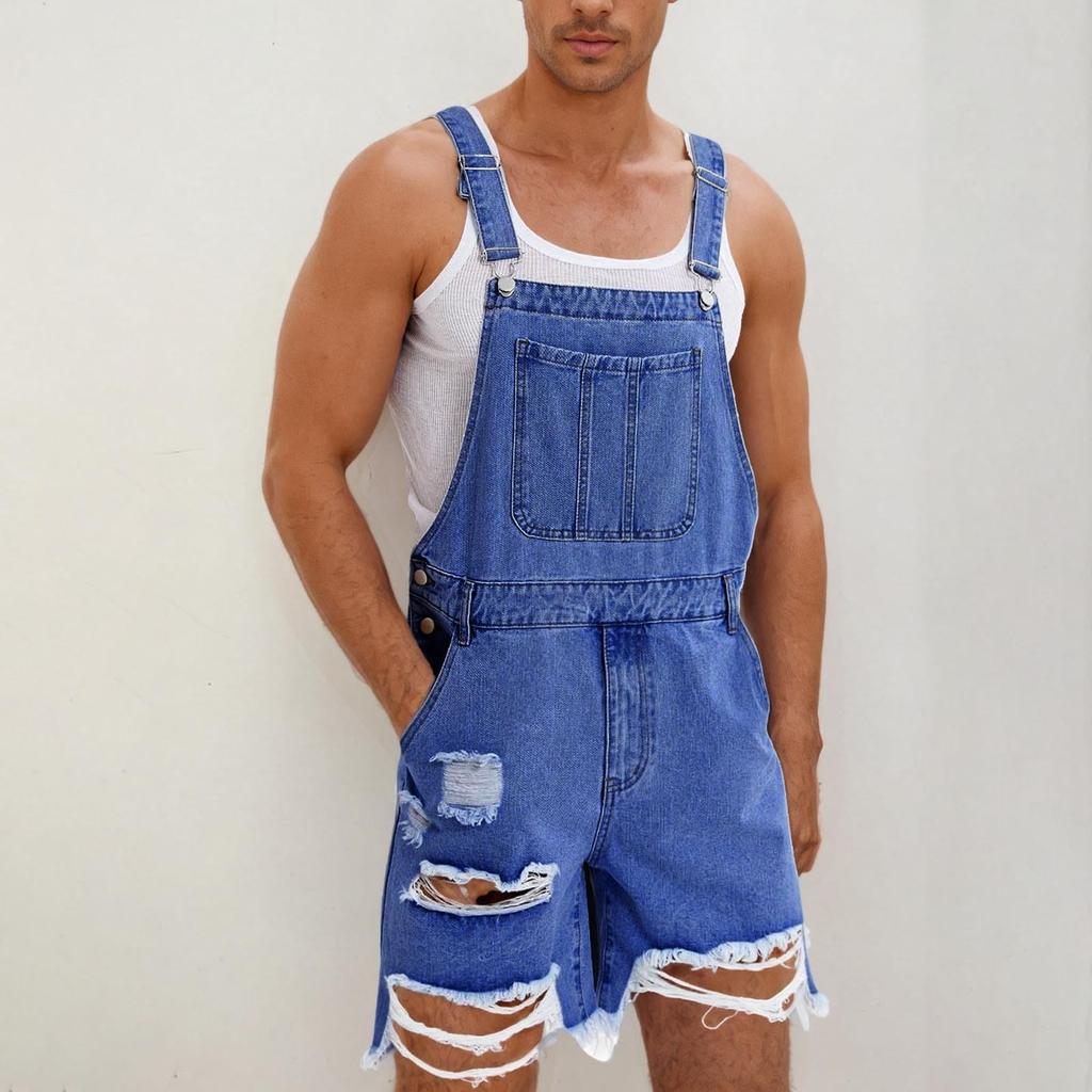 Men's Fashion Solid V-Neck Button Pocket Wash Water Denim Adjustable Short Strap Jumpsuit