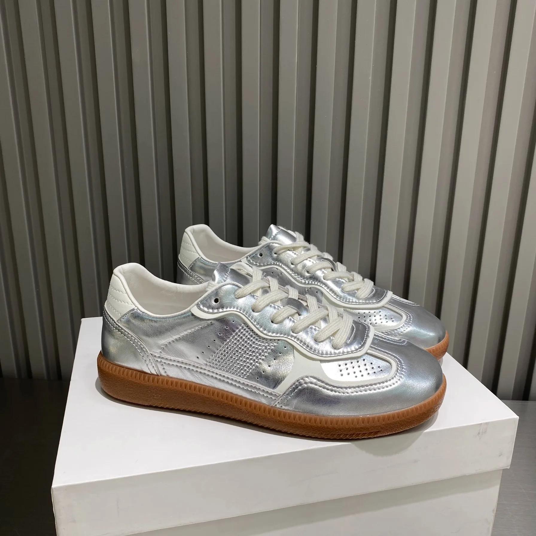 

Женские кроссовки для бега из искусственной кожи, сшитые вручную, легкие, с мягкой подошвой, на плоской подошве, для тенниса, осенняя обувь для тренировок 35 серебряный