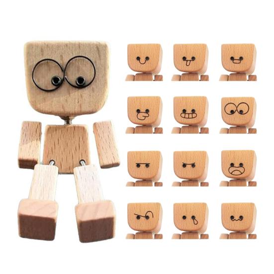 1 Set Shaking Wooden Man Figurine with 12 Expressions Handmade Shaking Feet Wooden Doll Car Dashboard Desktop Decoration