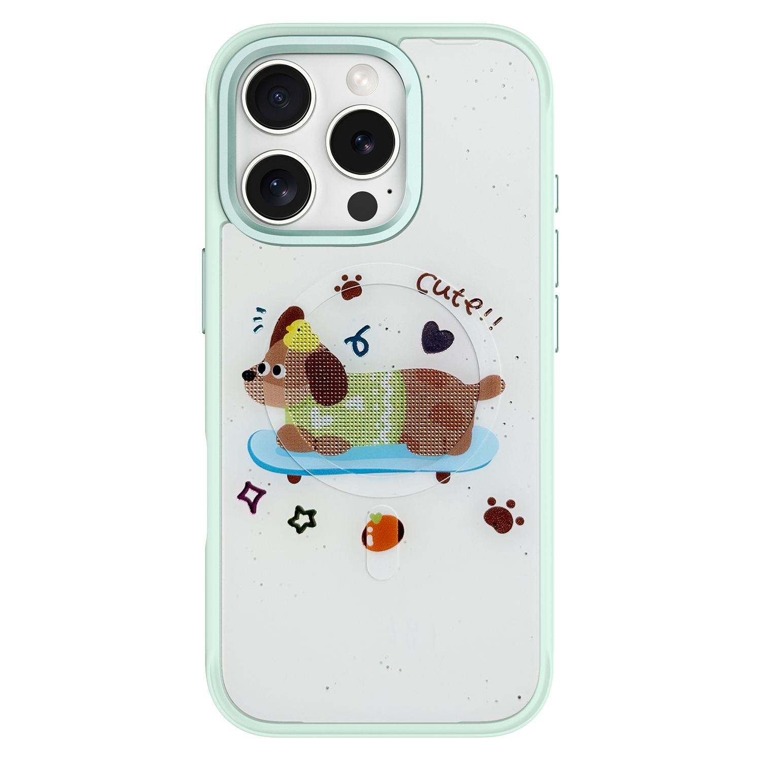 

For iPhone 16 Pro Magnetic Case TPU PC Phone Cover with Skateboarding Dachshund Backplate Green