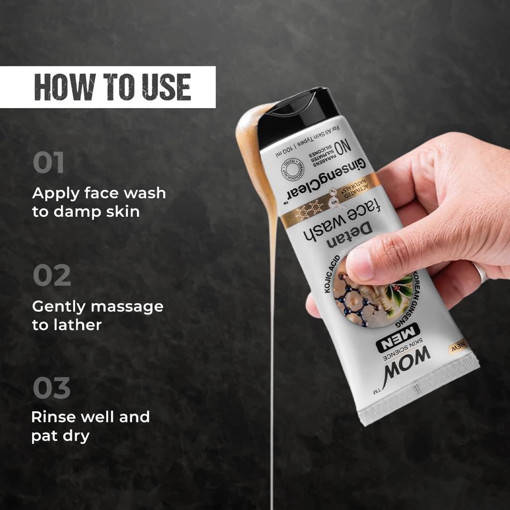 WOW Skin Science Men Korean Ginseng + Kojic Acid Detan Face Wash Gel 100ml For Clear Even Skin Tone