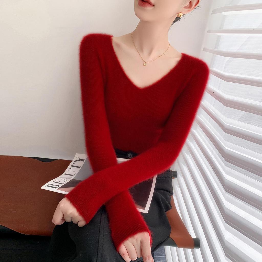 Women's V-Neck Cashmere Sweater - Loose Fit, Solid Color, Autumn/Winter Style