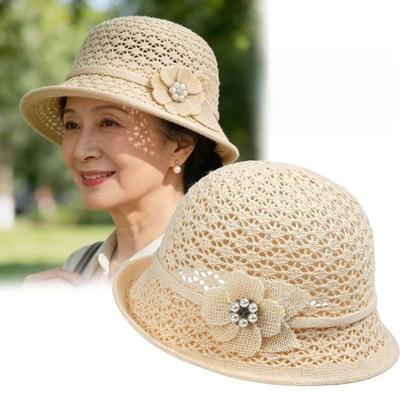 Elegant Hollowed-Out Sun Hat Breathable Floral Decoration Bucket Hat Rolled-Brim Sun Protection Fisherman Hat
