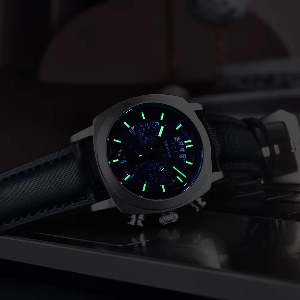 BENYAR New 5205 Quartz Watches Men Luxury Chronograph Male Sport Watch for Men Waterproof Leather Strap Bracelet Relojes Hombre