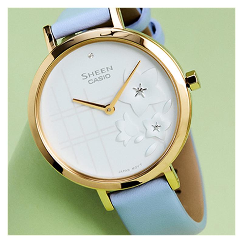 Casio SHEEN Flower Theme Platycodon Flower Series Small Dial Thin Light Blue Women's Business Quartz Movement Leather Strap SHE-C140GL-2AUPFH-person