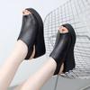 Women's Summer Leather Big Size Peep Toe Sandals Thick Sole Non Slip Hollow Out Velcro High Heel Sandals Light Wedges Sandals