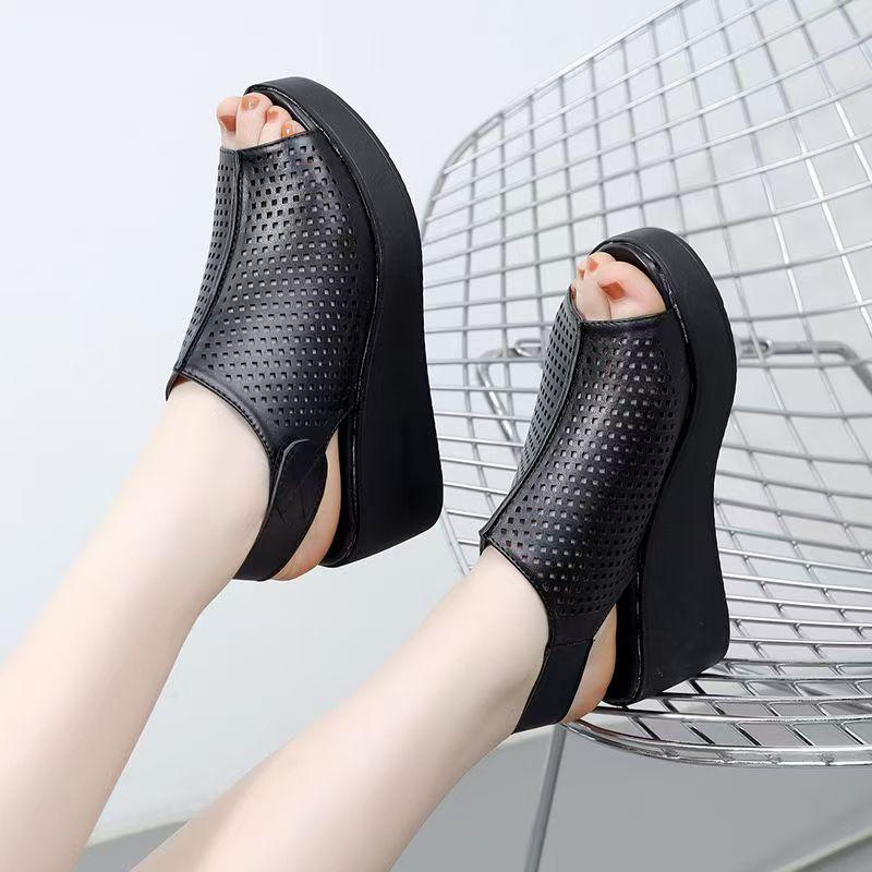 Women's Summer Leather Big Size Peep Toe Sandals Thick Sole Non Slip Hollow Out Velcro High Heel Sandals Light Wedges Sandals