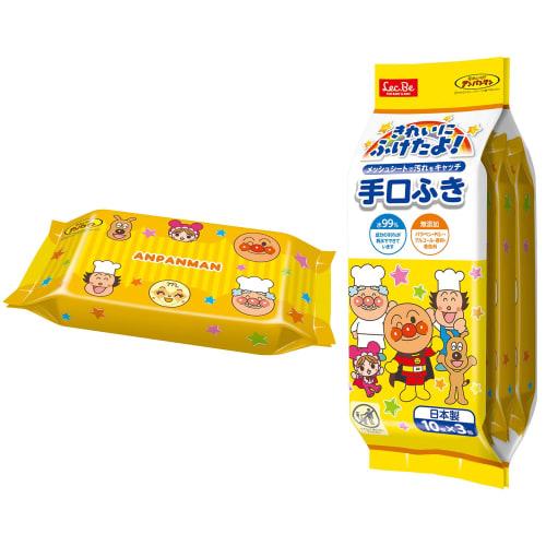 

LEC Anpanman 99% Pure Water Hand and Mouth Wipes, Mesh Sheets (10 sheets x 3 packs), Made in Japan, Hypoallergenic