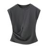 Women's Fashion Solid Color Crew-neck Pleated T-shirt Vest Top Waistcoat