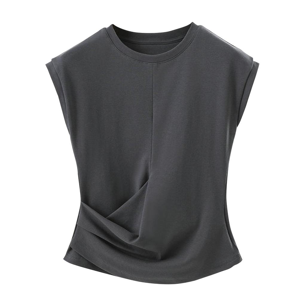 Dame Mote Ensfarget Rund hals Plissert T-skjorte Vest Topp Vest