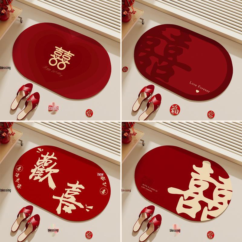 Festive Red Diatomaceous Earth Water-Absorbing Anti-Slip Oval Bathroom Mat