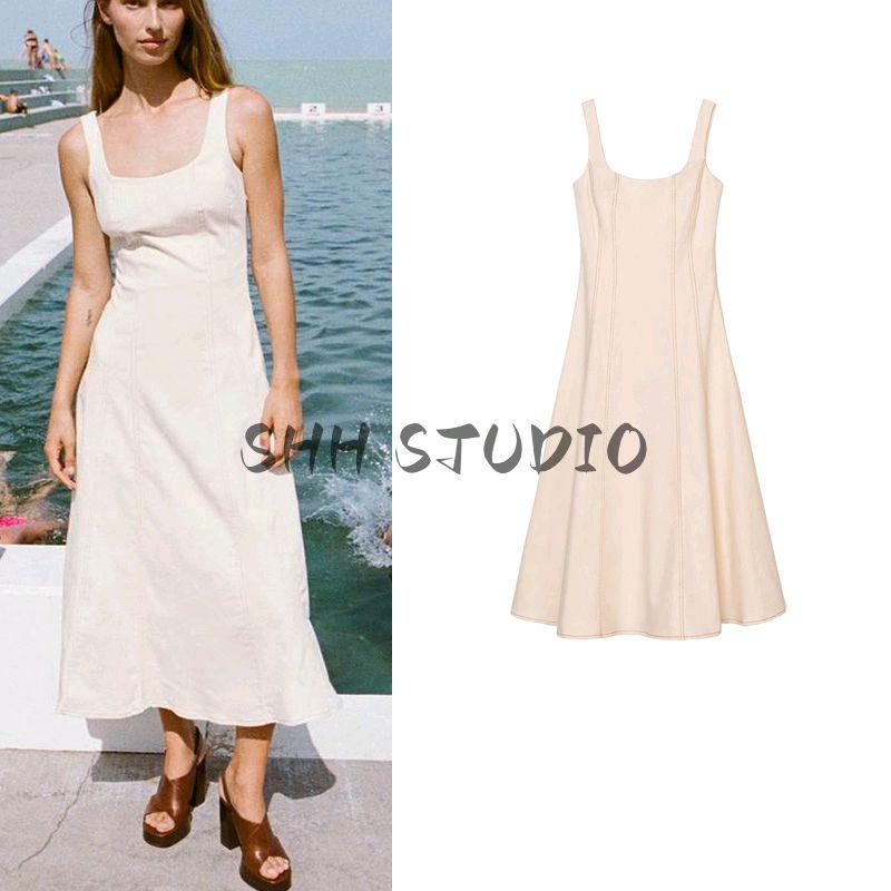 Spring Contrast Color Thread Decoration A- line Hem Open Line Design round Neck Midi Dress 0779075