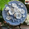 Flat Floral Aluminum Wall Art Round White Flowers Light Blue Leaves Dark Blue