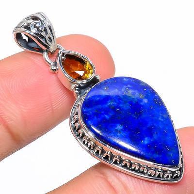 Natural Lapis Lazuli,Citrine 925 Solid Sterling Silver Gift Pendant 1.85" C0V33