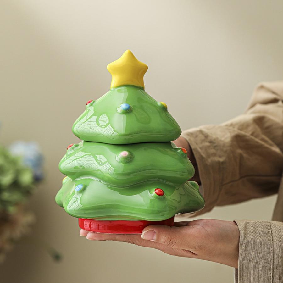 600ml Ceramic Candy Jar Christmas Tree Storage Jar Cute Desktop Jewelry Storage Box Decorative Ornaments Christmas Gifts
