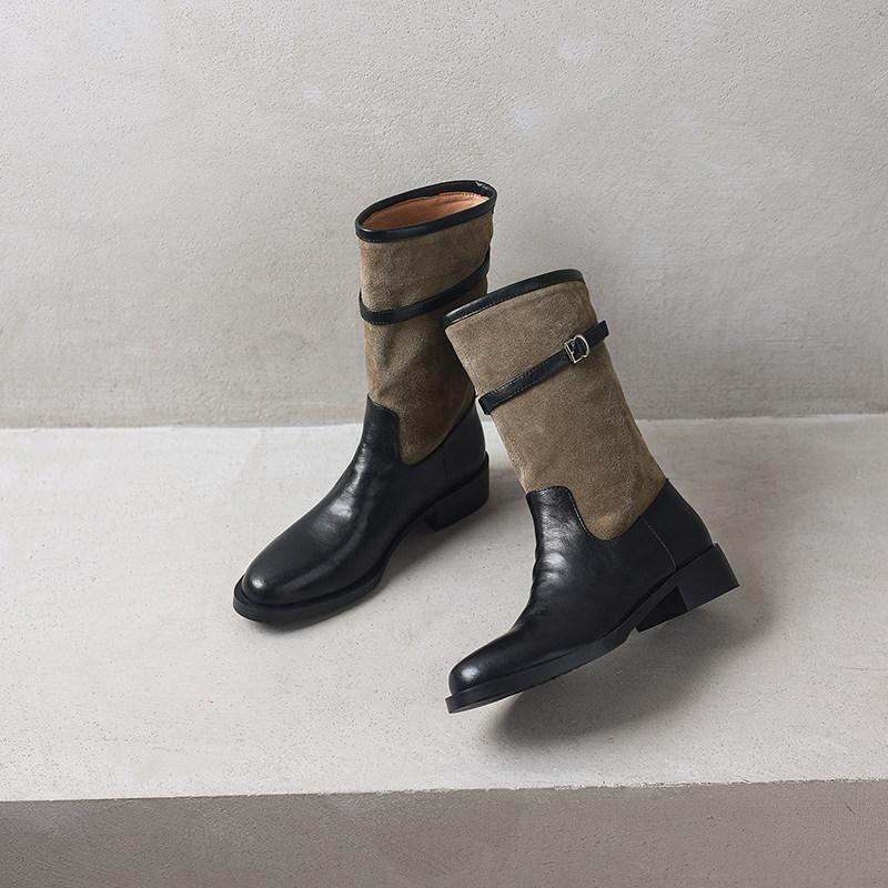 Vintage British style belt buckle splicing medium tube knight boots western boots stacking boots winter