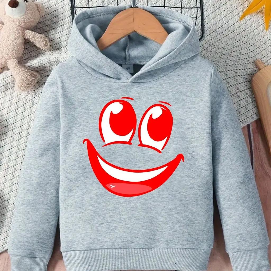 Kids Smiley Face Hoodie Emoji Graphic Print Pullover Sweatshirt Boys Girls Kawaii Cartoon Streetwear Casual Hooded Top Autumn