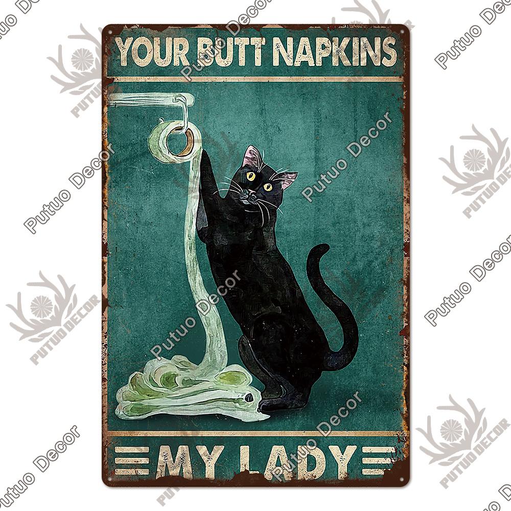 Putuo Decor Cute Black Cat Vintaget Plaque Metal Sign Vintage Tin Sign Poster Decoration for Living Room Barthroom Wall Decor