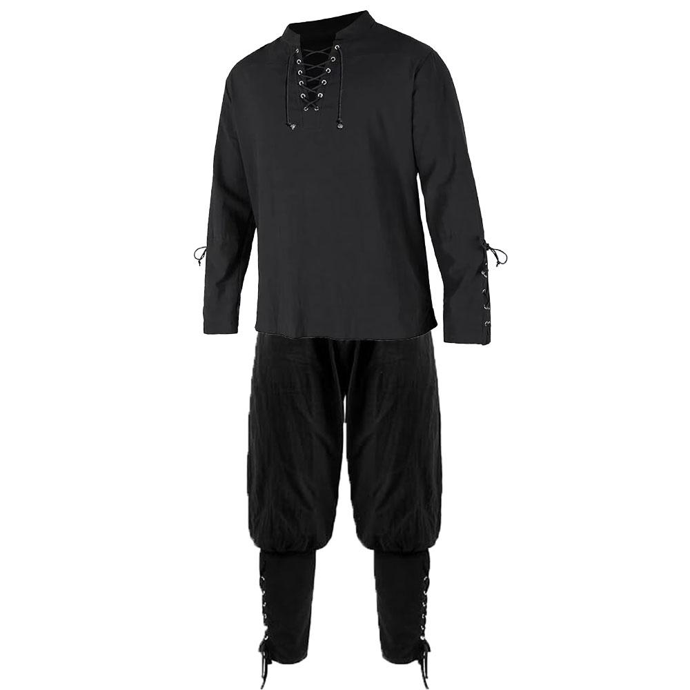 Renaissance-Sets für Herren, Piratenhemden und -hosen, Herrenkostüm, Baumwolle, Leinen, V-Ausschnitt, Kordelzug, Partykleid, zweiteilig