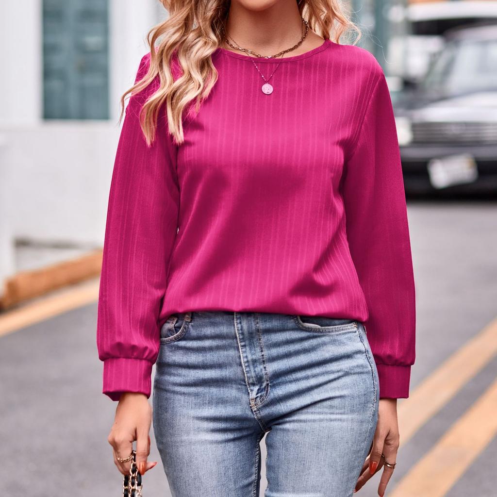 JKASHDK Women's Fashion Casual Spring Fall Solid Color Print Long Sleeve O-Neck Blouses & Shirts