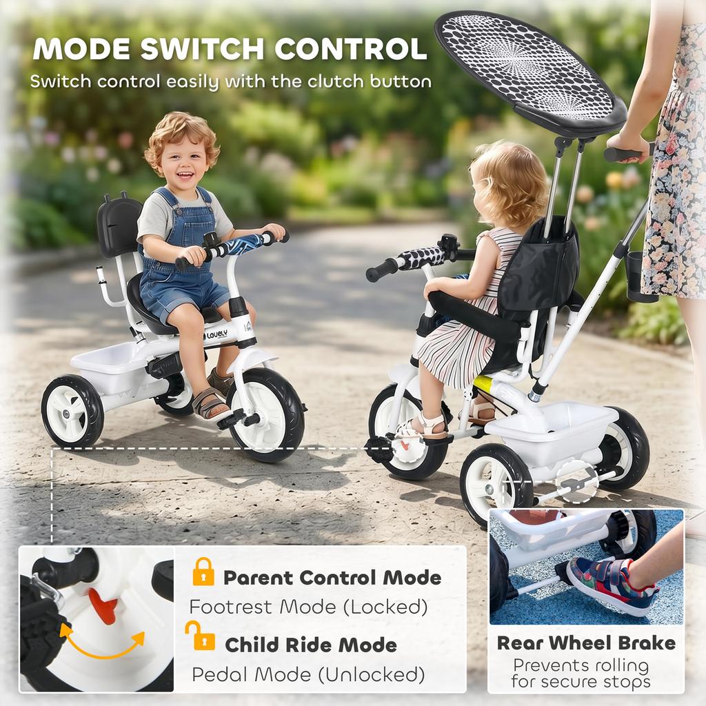 6 In 1 Tricycle for Kids with 5-point Harness Straps, Removable Canopy, White