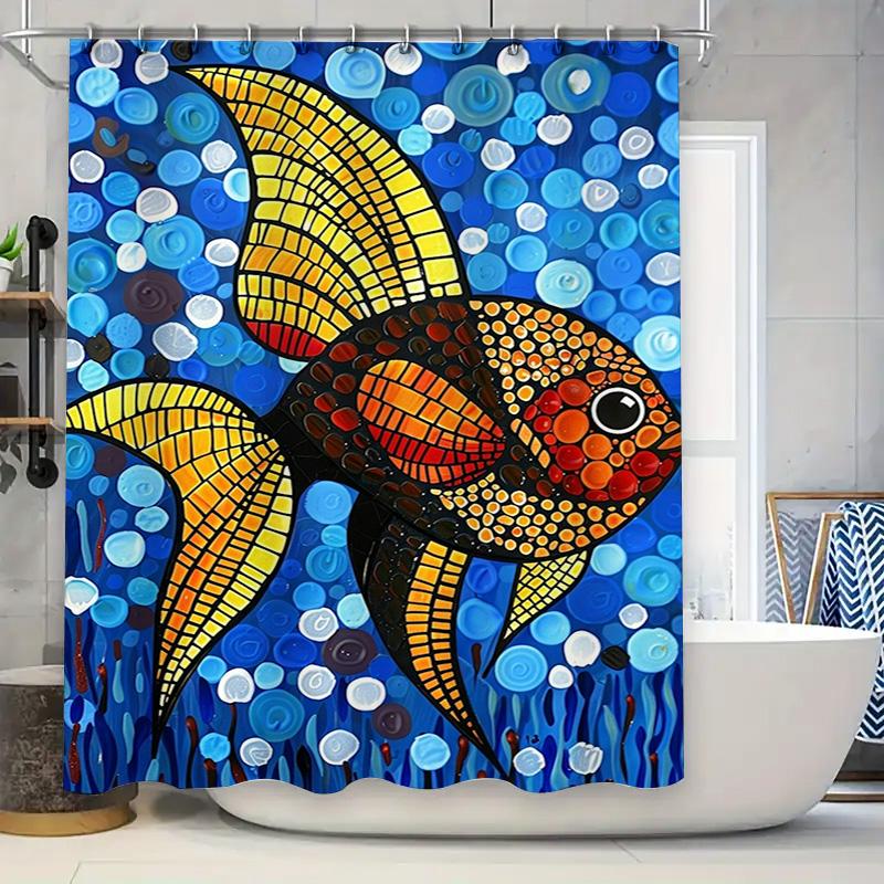 

Artistic Fish Pattern Shower Curtain Blue Tiled Design for Bathrooms Decor DIY Home Improvement Projects 90x180cm