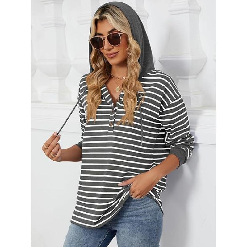 YYFS Women's Fashion Casual Stripe Print Long Sleeve Hooded Hoodies & Sweatshirts