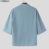 INCERUN Summer Men Vintage Stand Neck Short Sleeve Side Buttons Casual Vintage Shirts