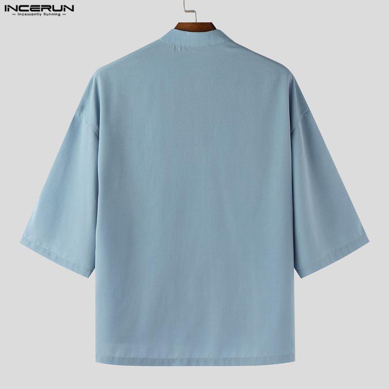 INCERUN Summer Men Vintage Stand Neck Short Sleeve Side Buttons Casual Vintage Shirts