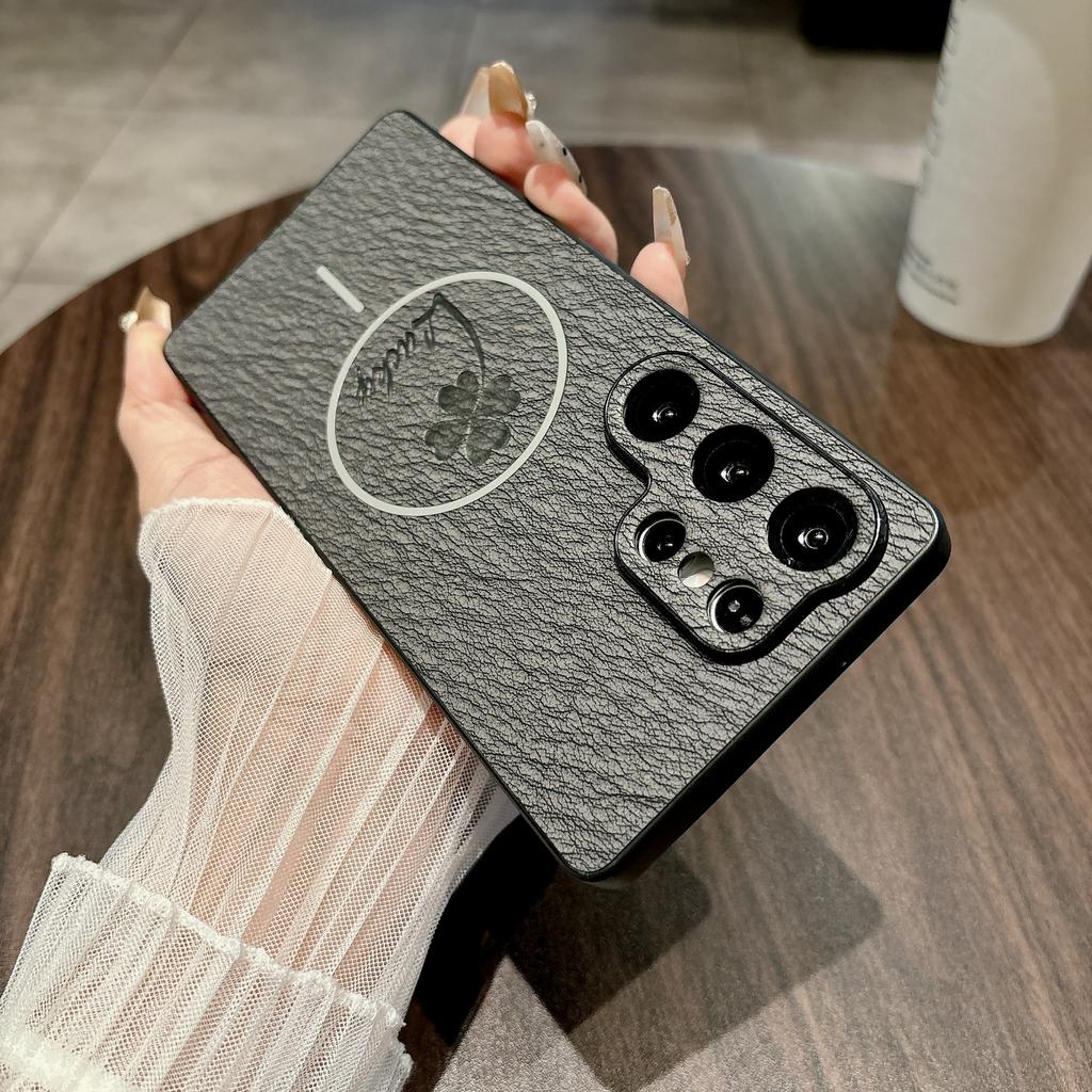 Samsung S25ULTRA Four-leaf Clover Mobile Phone Case S24FE Leather Pattern Magnetic Absorbing Model Full Pack S23p Anti Fall