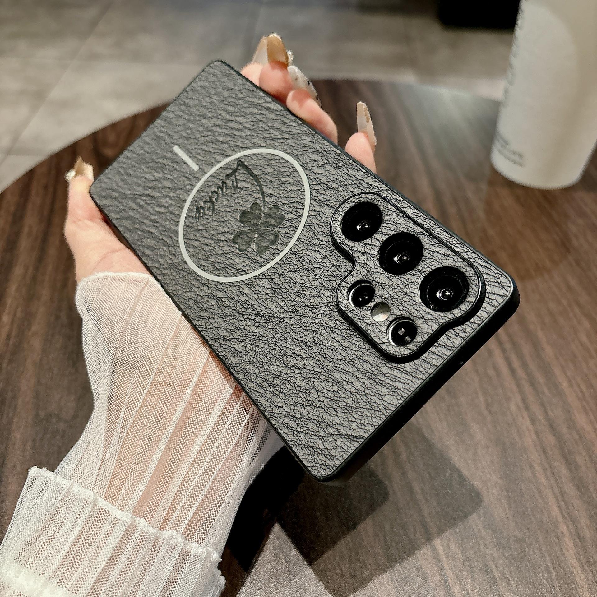 

Samsung S25ULTRA Four-leaf Clover Mobile Phone Case S24FE Leather Pattern Magnetic Absorbing Model Full Pack S23p Anti Fall Galaxy S22 Plus