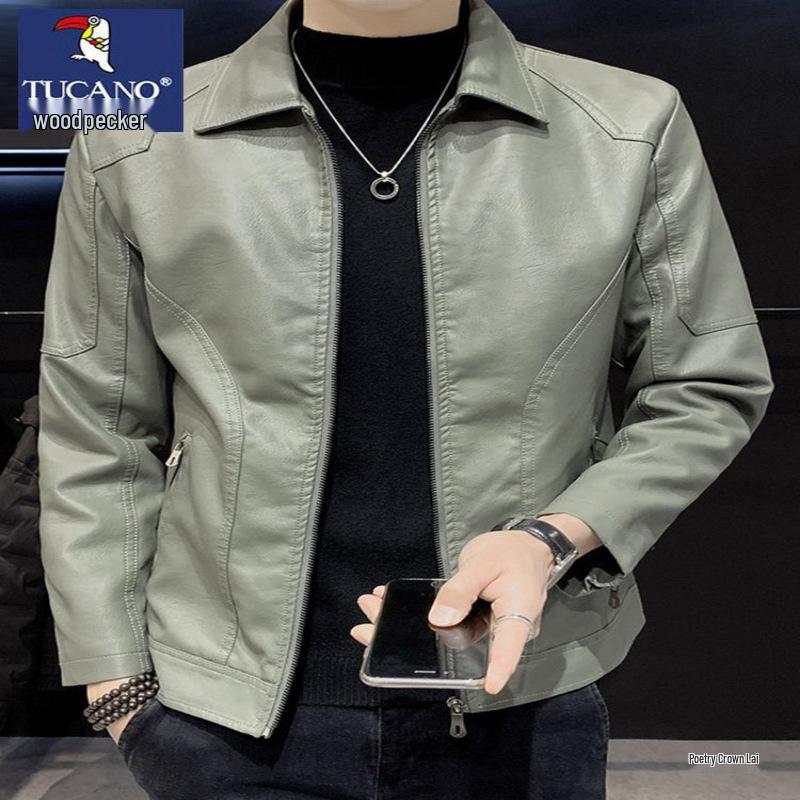 Woodpecker Men's Genuine Leather Motorcycle Jacket - Casual Spring/Autumn Outerwear