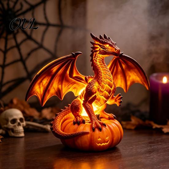 Halloween Night Light Decor Pumpkin Light, Resin LED Dragon Tabletop Lamp, Witch Festive Ornaments Hat Black Cat Crow Lamp for Home Table Mantel Cute