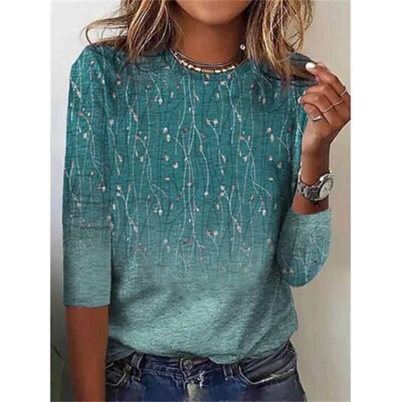 Damen T-Shirt Blumendruck Urlaub Wochenende Elegant Mode Basic Langarm Rundhals Blau Herbst & Winter