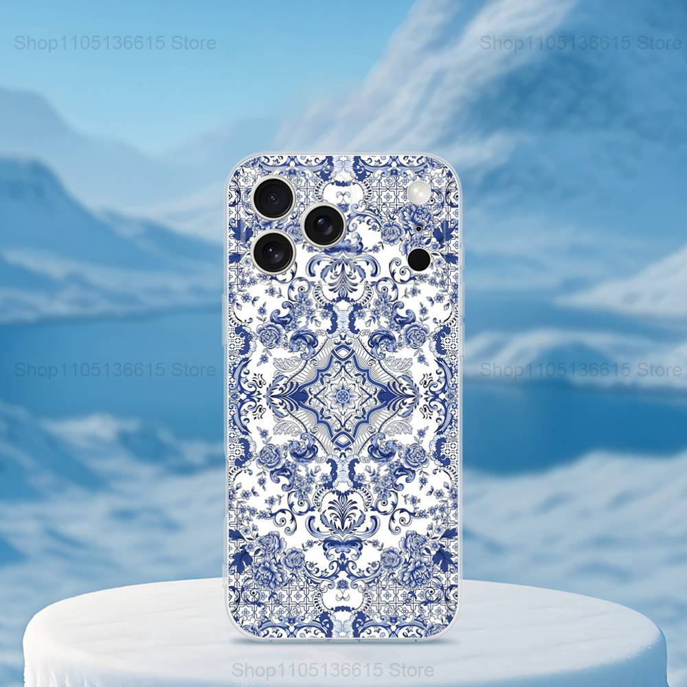 Blue White Porcelain Pattern Phone Case For iPhone 16,15,14,13,12,11,17 Pro,Max,Plus,X,XS,XR,SE,Mini Transparent Soft Cover